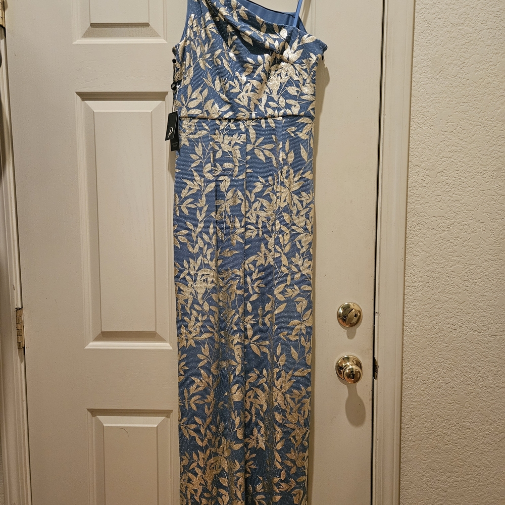 Adrianna Papell Blue and Cream One-Shoulder Floral Jacquard Gown